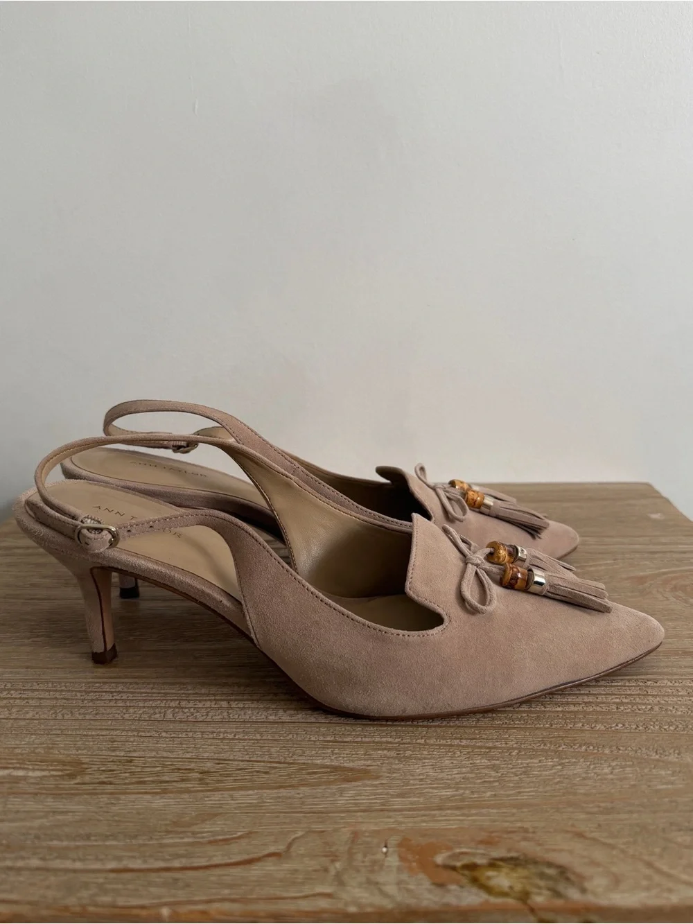 Ann Taylor Beige Suede Slingback Heels with Tassel Detail